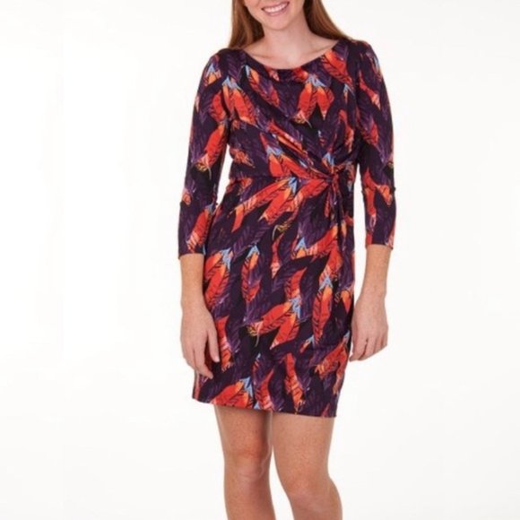 Dresses & Skirts - Fall Feather Print 3/4 Sleeve Gathered Dress M